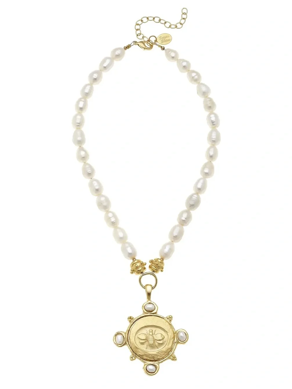 Gold Bee Medallion Pearl Necklace - White Pearls